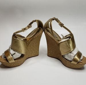 Gold Metallic Wedge Heel Strappy Sandals